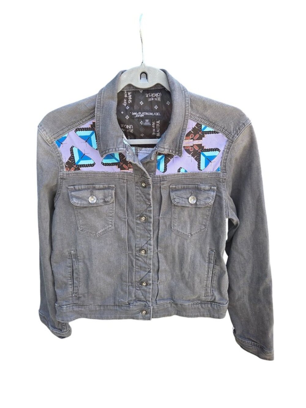 Gray Upcycled Jeans Jacket M With Charley Harper Monteverde Butterfly Print Pane